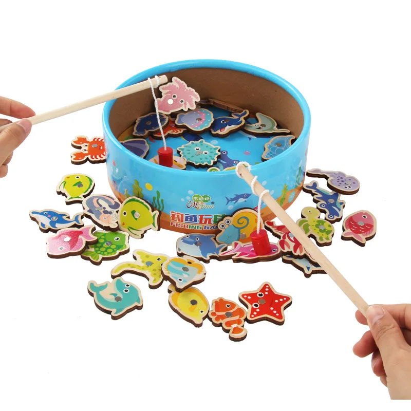 

Wooden Magnetic Fshing Game Cartoon Marine Life Cognition Fish Rod Toys for Children Early Educational Parent-child Interactive