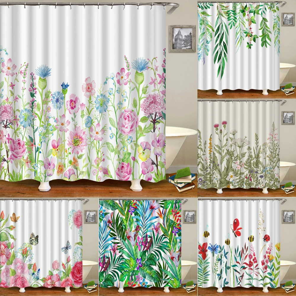 

180x200 bathroom curtain 3D beautiful flower leaves plant printed waterproof polyester home decoration shower curtain with hook