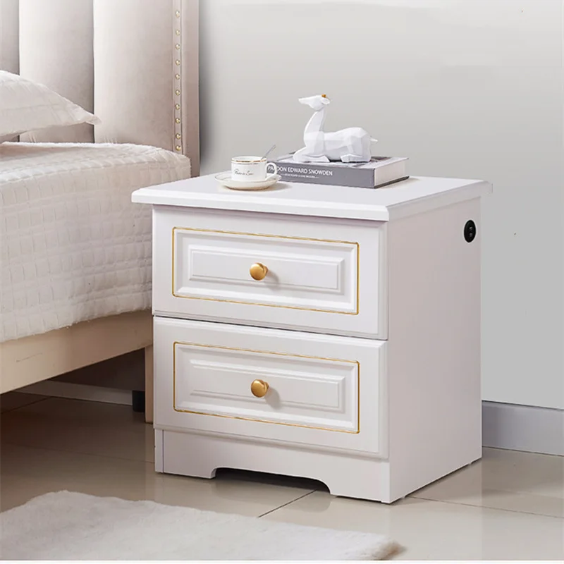 

Europe Style Wooden Bedside Table with USB Charging Multi Function Smart Storage Cabinet Bedroom Nightstands Side Table