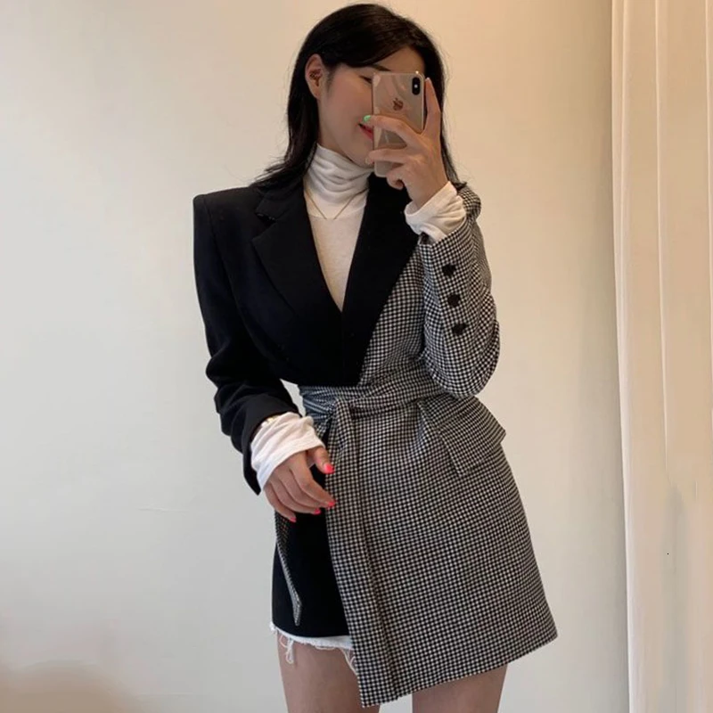 2021 Vintage Plaid Stitching Irregular Straps Long Sleeve Black Blazer Women Fall Winter New Korean Style Loose Trend Coat Indie