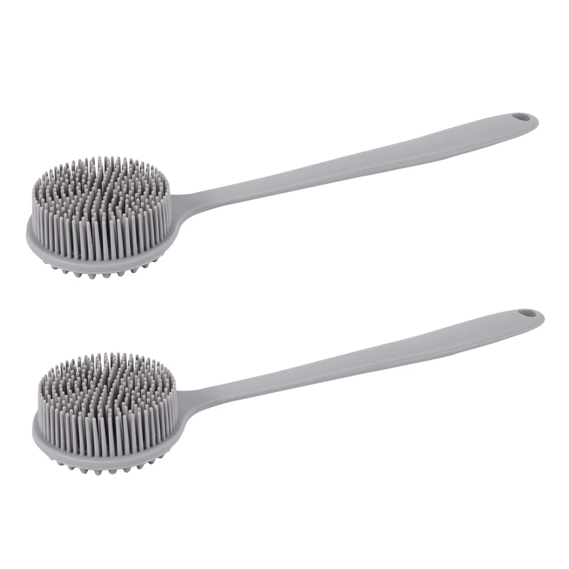 

2X Soft Silicone Back Scrubber Shower, Bath Body Brush With A Long Handle, Bpa-Free, Non-Slip, Gray