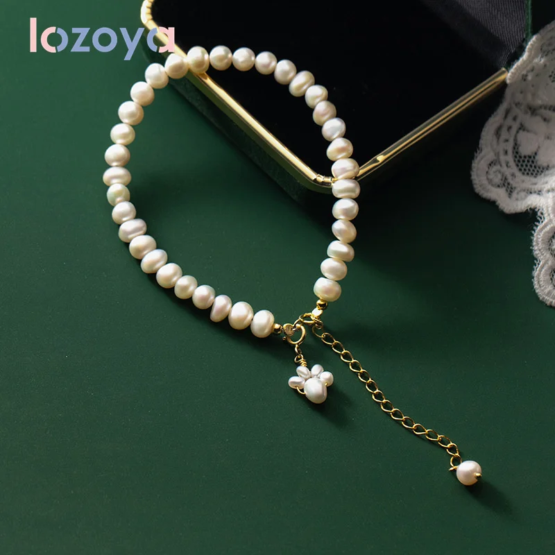 

LOZOYA 925 Sterling Silver Original Bracelet For Women Cute Cat Paw Pearl Beaded Pulsera Retro Style Luxury Hand Chain JewelryJe