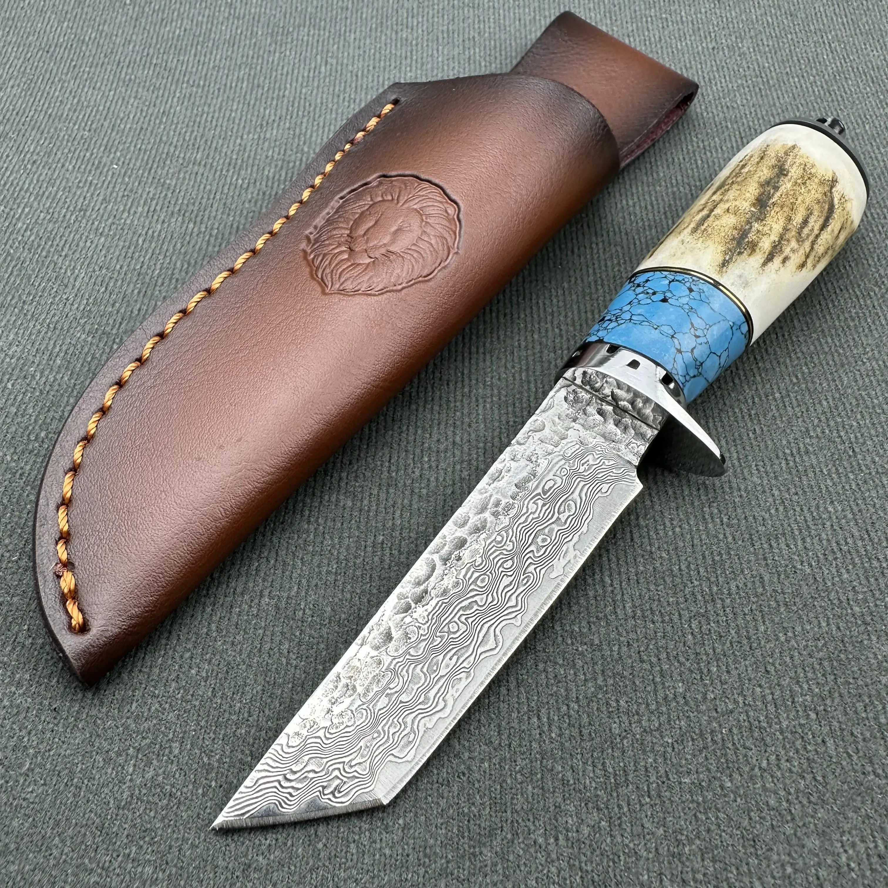 

VG10 Damascus Steel Knife Agate&Antlers Handle With Leather Sheath,Premium Fixed Knife For Outdoor Survival Hunting Collection