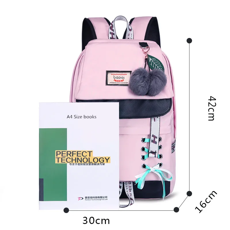 OKKID cute school bags for teenage girls large school backpack female travel laptop backpack 15.6 usb charge bag plush ball gift
