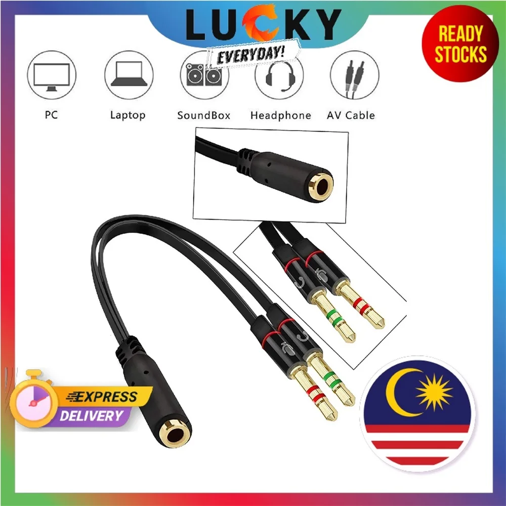 

New 3.5 mm Black Headphone Earphone Audio Cable Micphone Y Splitter Adapter 1 Female to 2 male Connected Cord to Laptop PC
