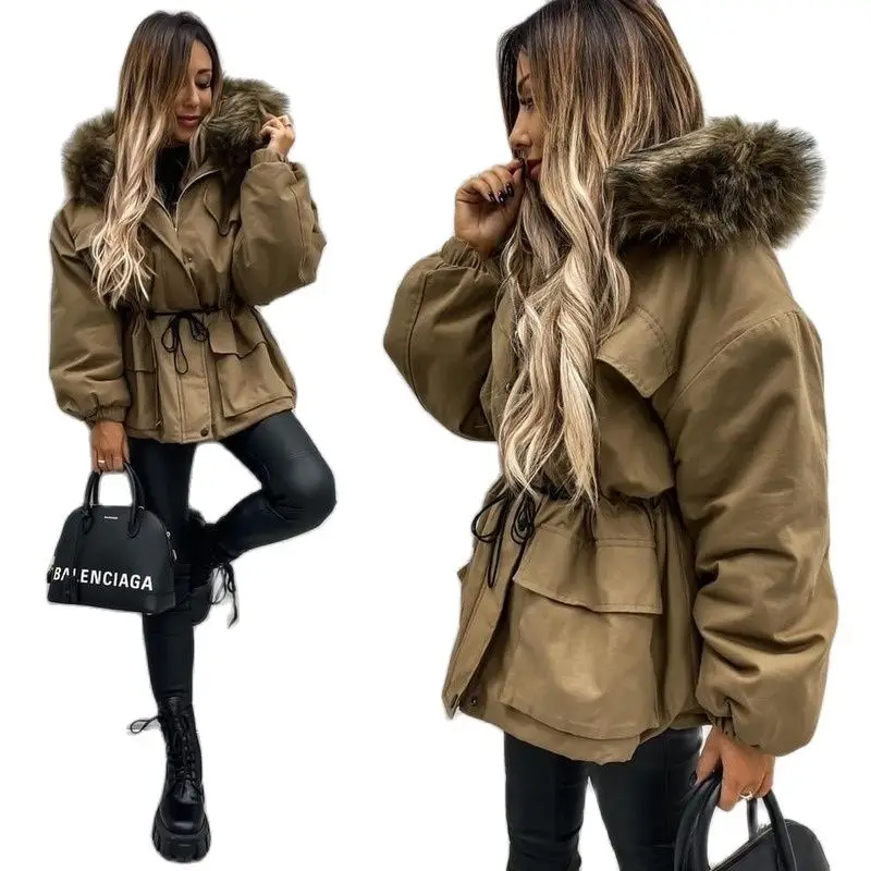 Autumn Winter Women's Parkas High Street Style Long Slim Fur Collar Thick Trendy Overcome Solid Color Hood Coat Jacket