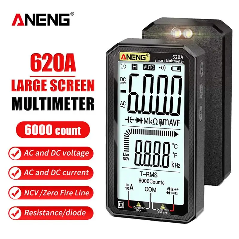

ANENG 620A Digital Multimeter Transistor Testers 6000 Counts True RMS Auto Electrical Capacitance Meter Temp Resistance Measure