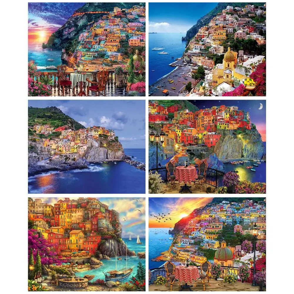 

CHENISTORY Oil Painting Seaside Colorful House Scenery Handpainted Coloring By Numbers Drawing Kits Canvas Pictures Home Decor