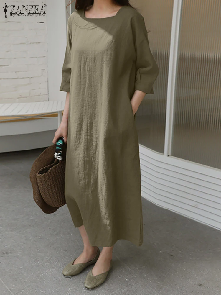 

2022 ZANZEA Women Elegant Sundress Spring Solid Color 3/4 Sleeve Square Collar Cotton Dress Casual Fashion Mid-Calf Length Robe