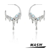 masw fashion jewelry geometric metal earrings 2022 new trend high quality blue beads silver plated irregular drop earrings gift