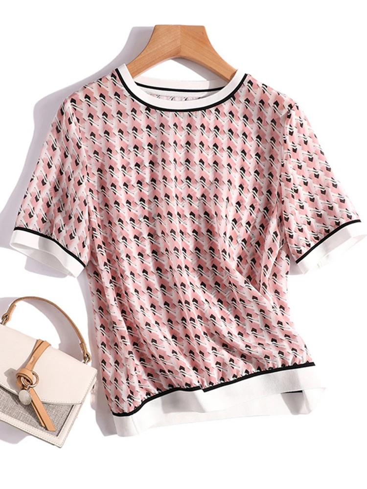 

Summer Vintage Printed Thin Chiffon Pullover Tops T Shirt Women Fashion Casual Elegant Chic Silk Satin Loose T-shirts