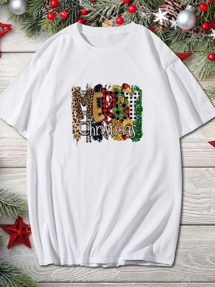 

Merry Christmas Happy New Year Clothing Fashion Women T Shirt Trend Graphic T-Shirt Holiday Tshirt O-Neck Cartoon Top Xmas Gift