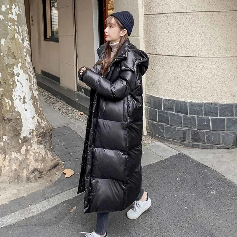 Fashion Off-season Shiny Down Padded Jacket Black Parka Coat Women's  Thick Winter Hooded Loose Long Coat Women's Warm Jacket