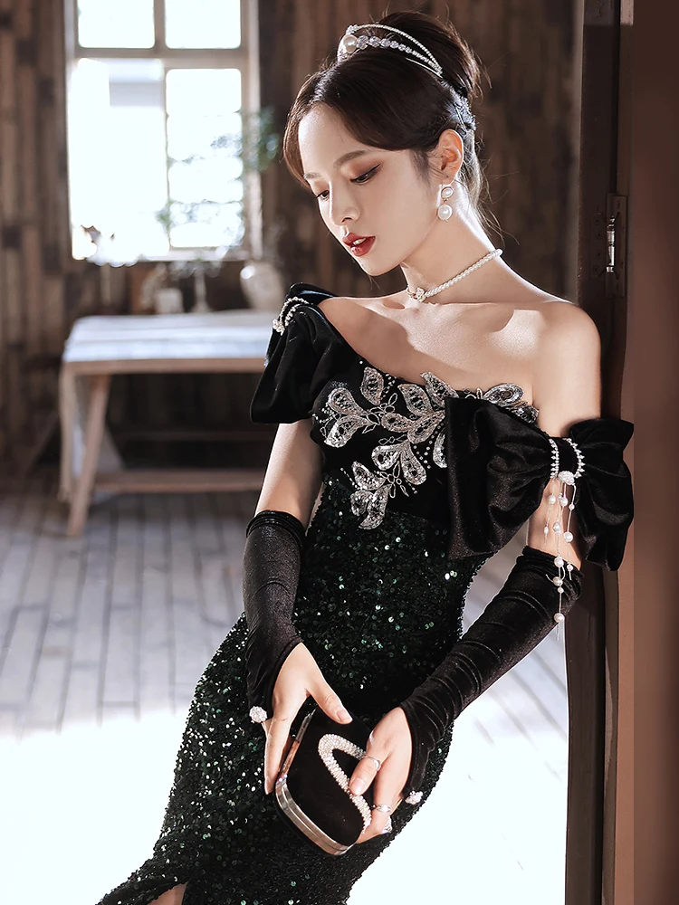 

2022 New Delicate Sequin Evening Gowns Fashion Appliques Beaded Mid-Length Split Party Dress Sexy Backless Slim Celebrity Dress