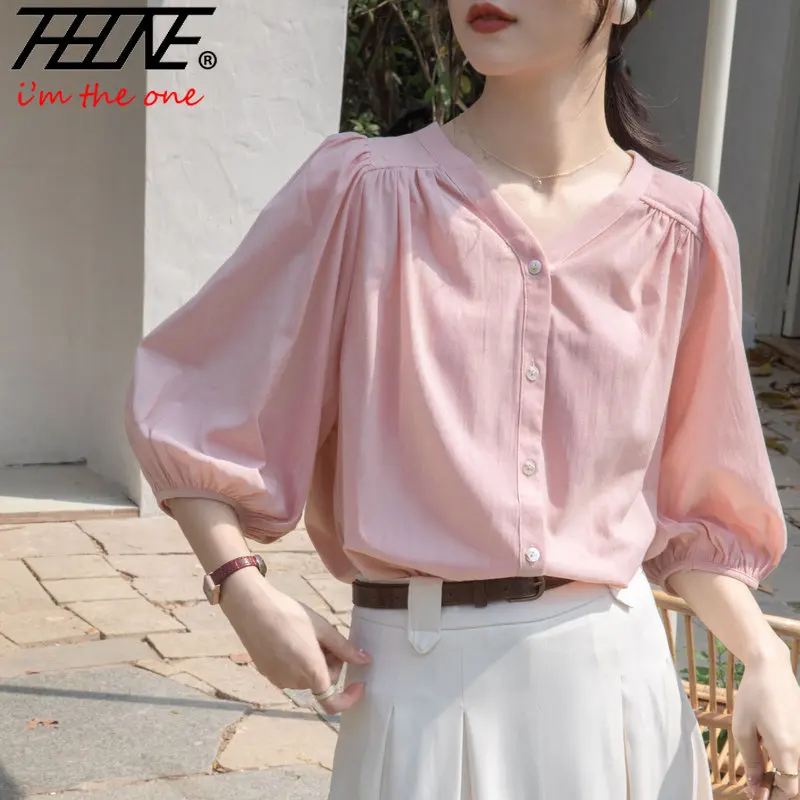 Женская винтажная рубашка и блузка розовая Элегантная с коротким рукавом