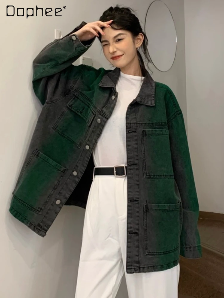 

Casual Women's Clothing with Free Shipping 2022 Autumn New Korean Style Loose Hand-Painted Long Sleeve Denim Jackets Overcoat