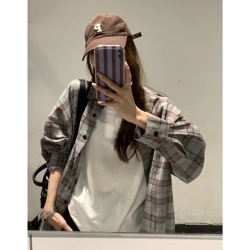 Французская винтажная зеленая клетчатая рубашка с длинными рукавами женская