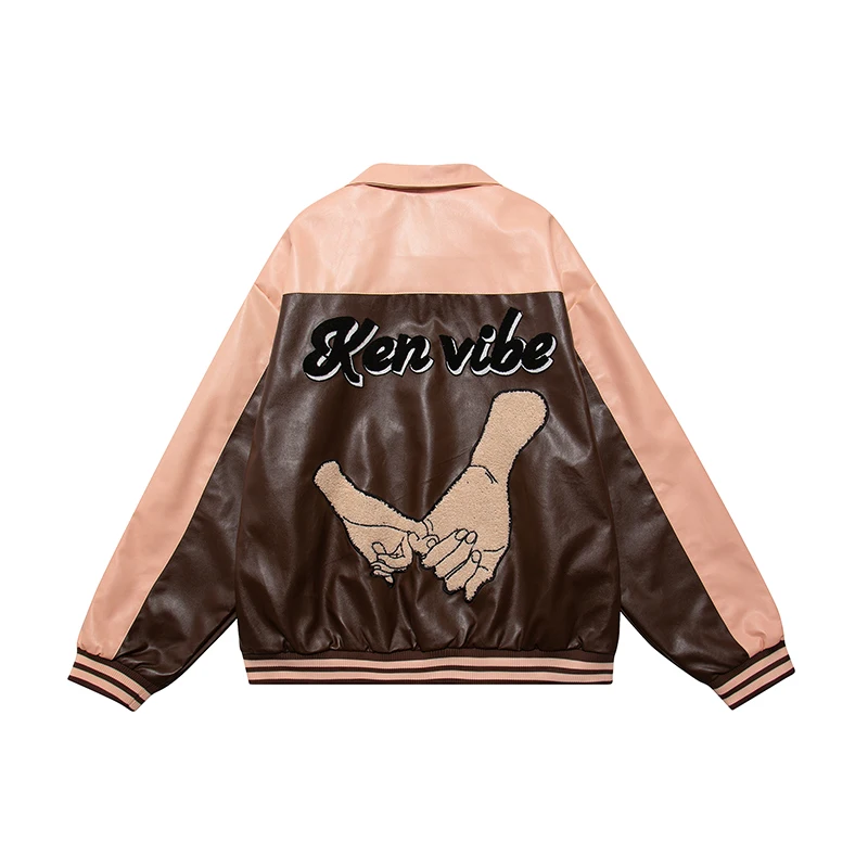 

Towel Letter Embroidery Hand Cross Flocking Pu Leather Mens Jackets Lapel Patchwork Streetwear Retro Casual Windbreaker Coats