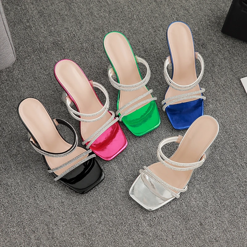 Crystal Heel Clear PVC Women's Slippers Sandals Square Transparent Toe Open Toe Slides Slip On Summer Fashion Party Shoes Pumps