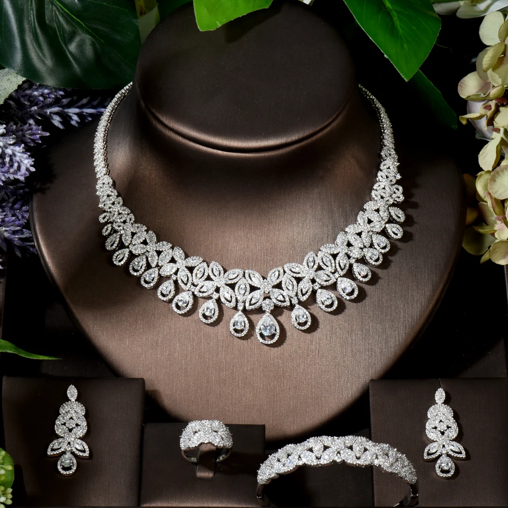 Fashion New Luxury Flower Shape Dubai Wedding Jewelry Sets White Gold Color Micro CZ Pave Women Bridal Jewelry Set N-1602
