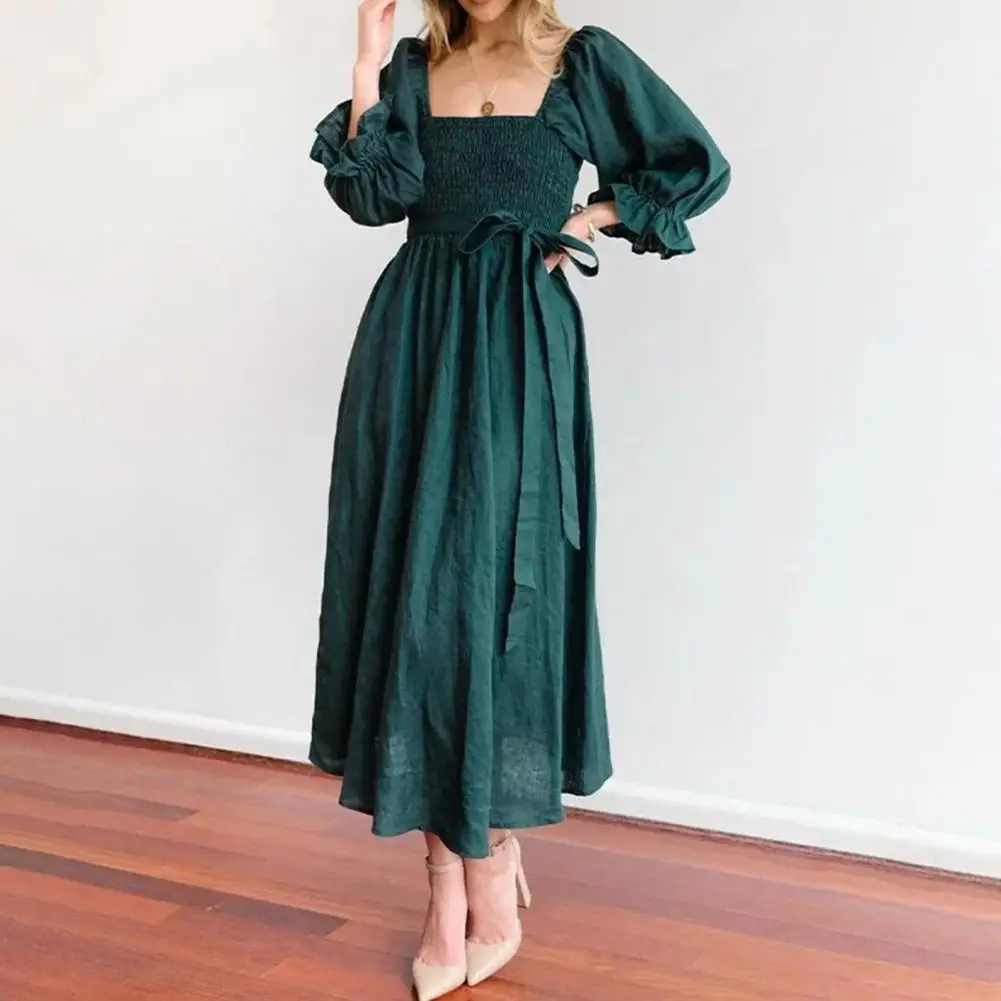 

Women Dress Hollow Out Low-cut Party Dress V Neck Elastic Waist 3/4 Puff Sleeves Dating Dress Solid Color Loose Hem A-line Dress