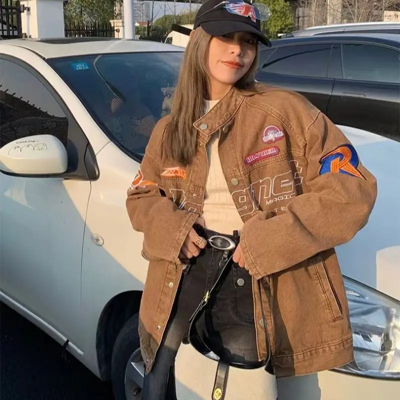 

Женская джинсовая куртка с вышивкой, винтажная Свободная куртка для работы в стиле High Street, весна 2023