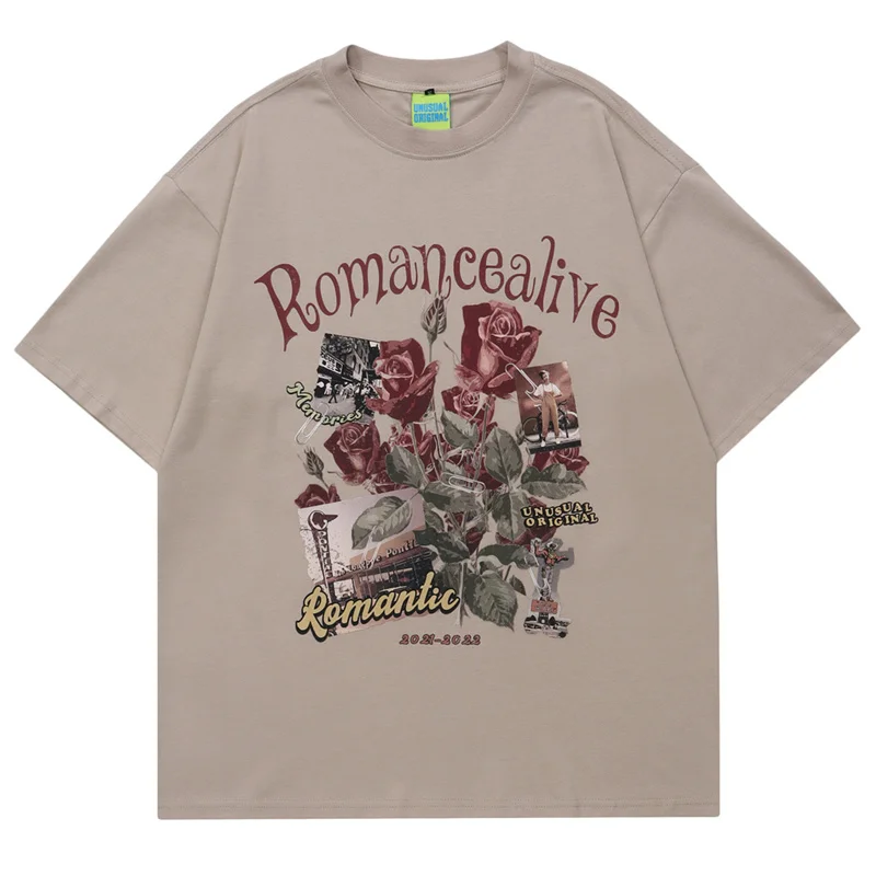 

2022 Men Hip Hop Streetwear Oversized T Shirt Letter Rose Print Couple T Shirts Harajuku Korean Vintage Short Sleeve Tops Tees