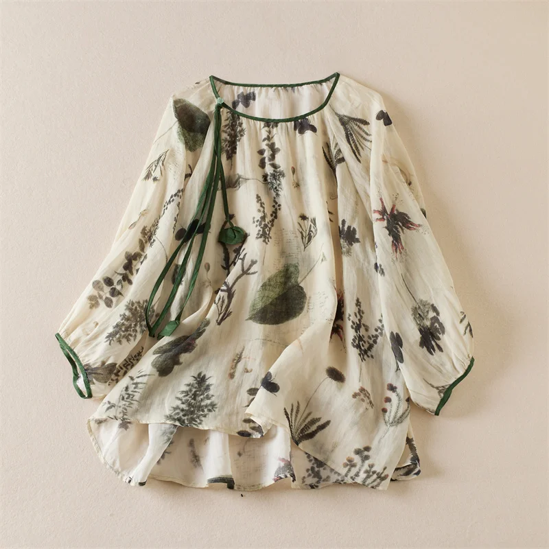 

Cotton Linen Women's Shirt Summer 2023 New Print Vintage Blouses Loose Floral Short Sleeves Top O-neck Ladies Clothing YCMYUNYAN