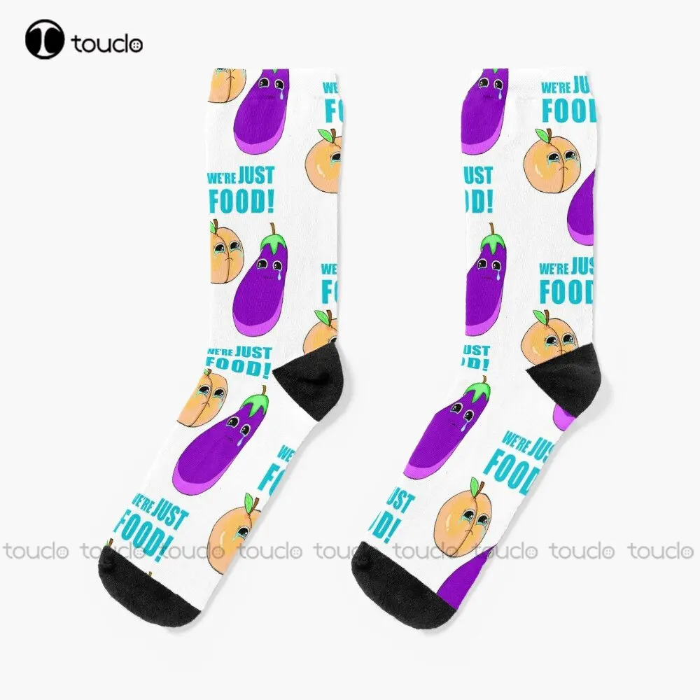 

“We’Re Just Food” Eggplant And Peach Socks Boot Socks For Men Personalized Custom Unisex Adult Teen Youth Socks Custom Gift Art