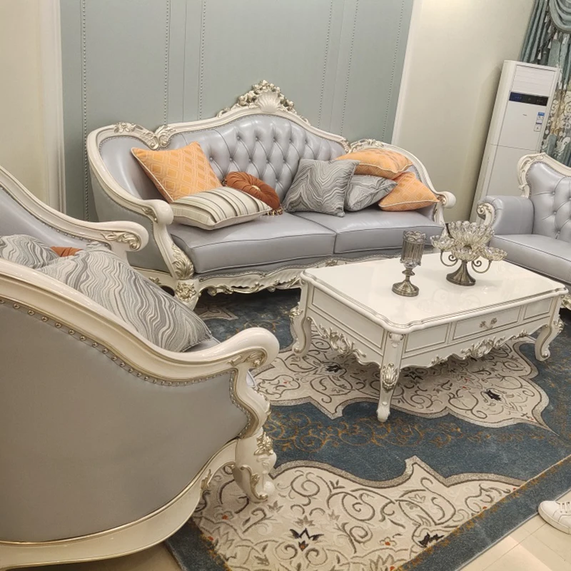

European leather sofa 123 combination living room neoclassical luxury solid wood carved pearl white sofa villa furniture