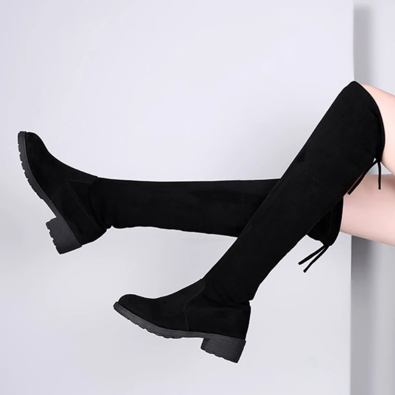 

Женские высокие сапоги выше колена, черные удобные сапоги из флока на квадратном каблуке, Осень-зима 2023