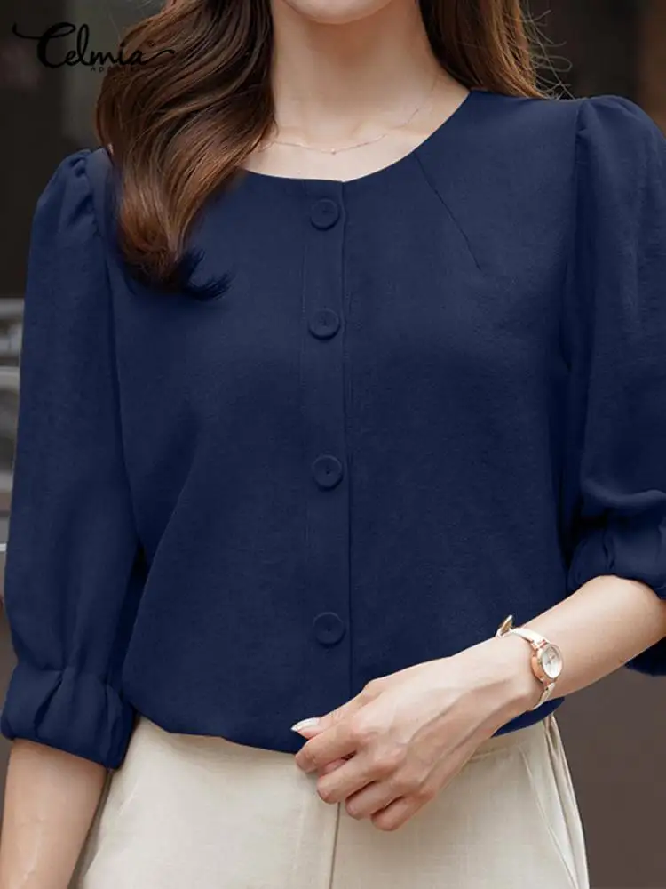 

Удобные однотонные рубашки Celmia, элегантная женская хлопковая туника с круглым вырезом, летняя блузка с пышными рукавами 3/4, женские топы ове...