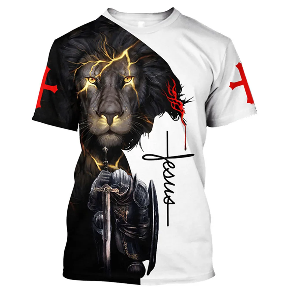 

God Religion Christ Jesus and Lion 3d Print Men's T-shirts 0-neck Short Sleeve Streetwear Loose Tops Tees Oversized T Shirts 6xl