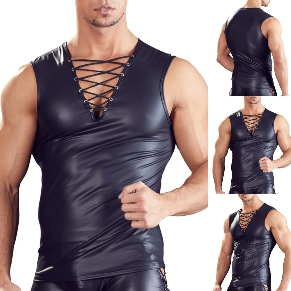 

2023 Mens Sexy Faux Leather T-Shirts Top Faux Leather Solid Color Nightclub Stage Performance Deep V Vests Costumes