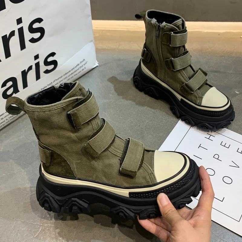 

New Women Canvas Flats Platform Sport Chelsea Ankle Boots Autumn New Designer Thick Ladies Running Shoes Casual Gladiator Boots