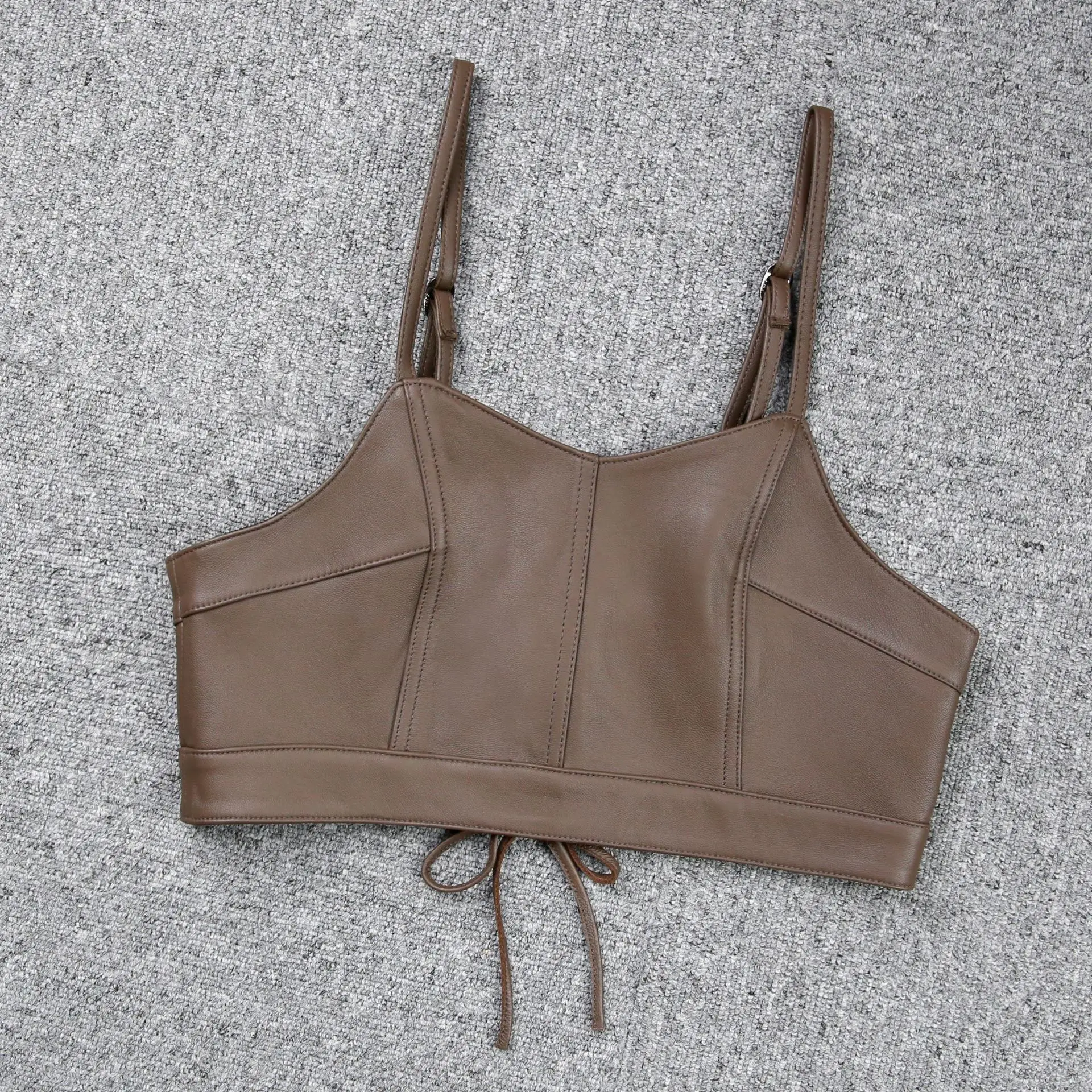 2022 New Fashion Simple Design Strap Tube Top Vest Real Sheepskin Leather Camisole E23