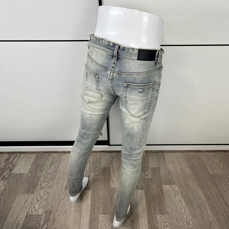 High Street Fashion Men Jeans Retro Gray Blue Elastic Stretch Skinny Ripped Jeans Men Patched Designer Hip Hop Brand Pants Homme