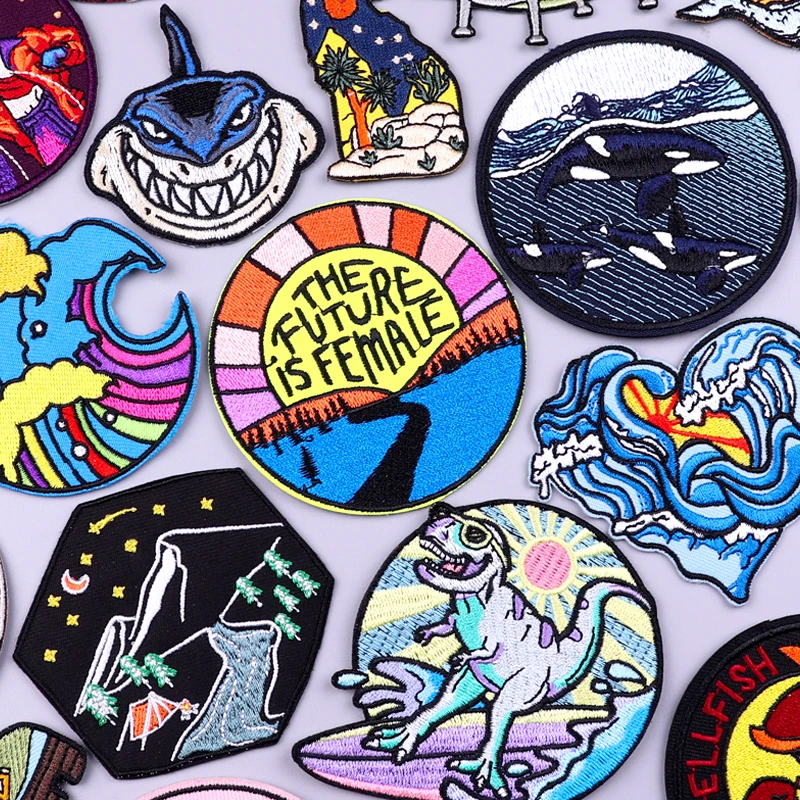 

Outdoors Patches for Clothing Thermoadhesive Mountain Badges on Backpack Iron on Patches on Clothes Wave Shark Embroidered Patch