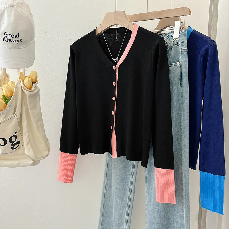 Элегантный осенний вязаный кардиган с v-образным вырезом лоскутный свитер