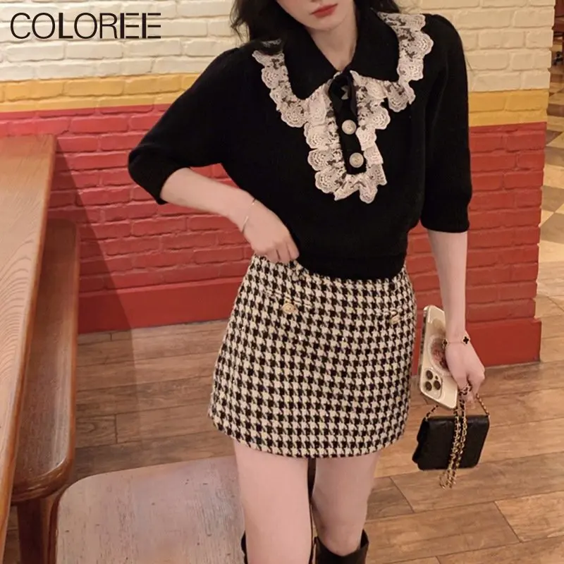 

Женский трикотажный свитер с кружевным воротником, черный или синий Элегантный Повседневный свитер с бантом в Корейском стиле, модель 2023 года