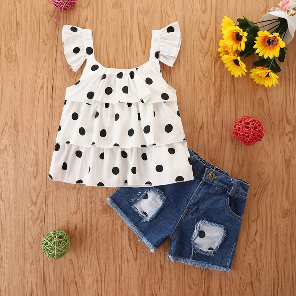 

Женский модный пуловер без рукавов, футболка + джинсовые шорты, одежда для маленьких девочек, летний наряд для младенцев, Детский костюм