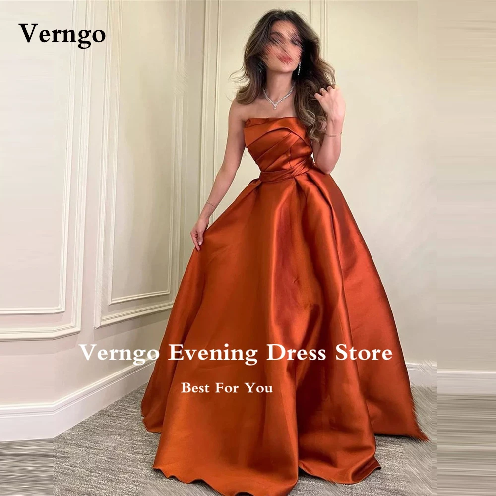 

Verngo Vintage Simple A Line Burnt Orange Satin Evening Dresses Strapless Long Saudi Arabic Women Prom Formal Gowns Occasion