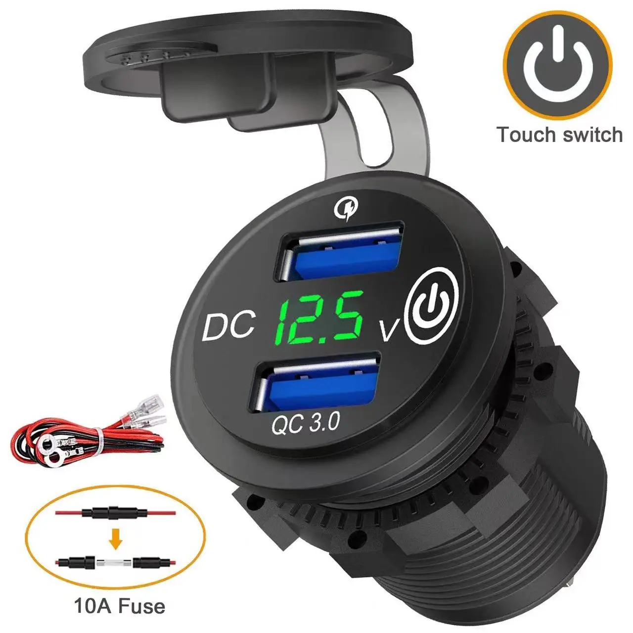 

12V Dual USB Car Charger Quick Charge QC3.0 Socket Power Adaptor with LED Digital Voltmeter Touch Switch for Mobile Phone