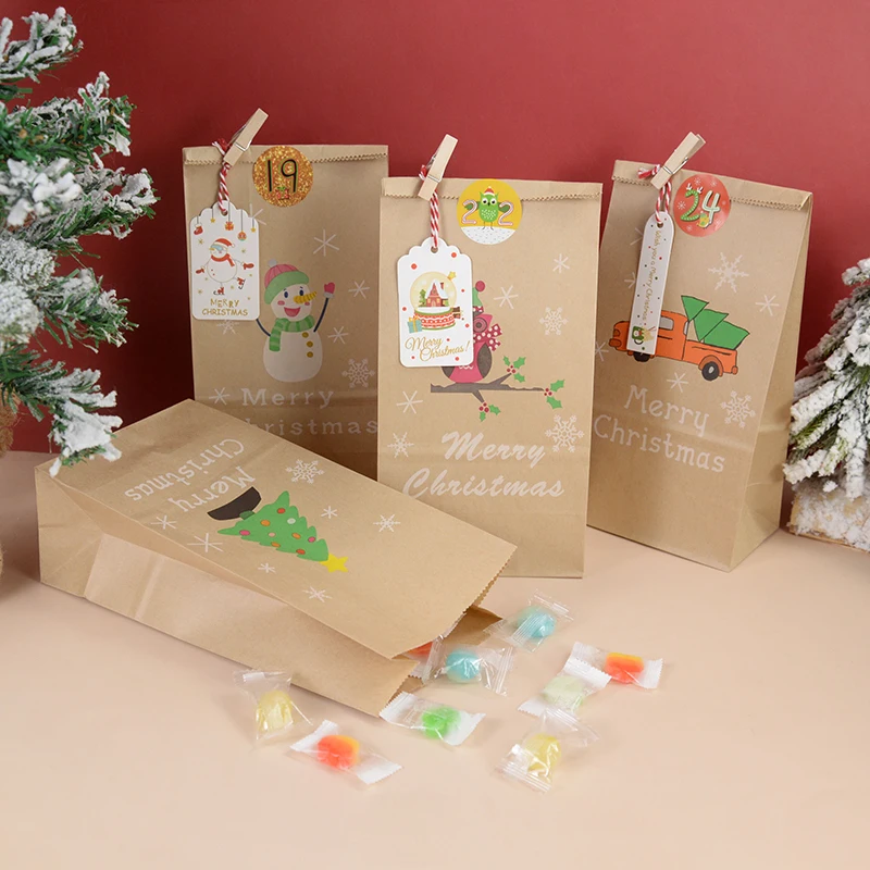 

24pc Christmas Kraft Paper Bags Santa Claus Snowman Milu Deer Candy Cookie Pouch Holiday Xmas Party Gift Bag Wrapping Supplies
