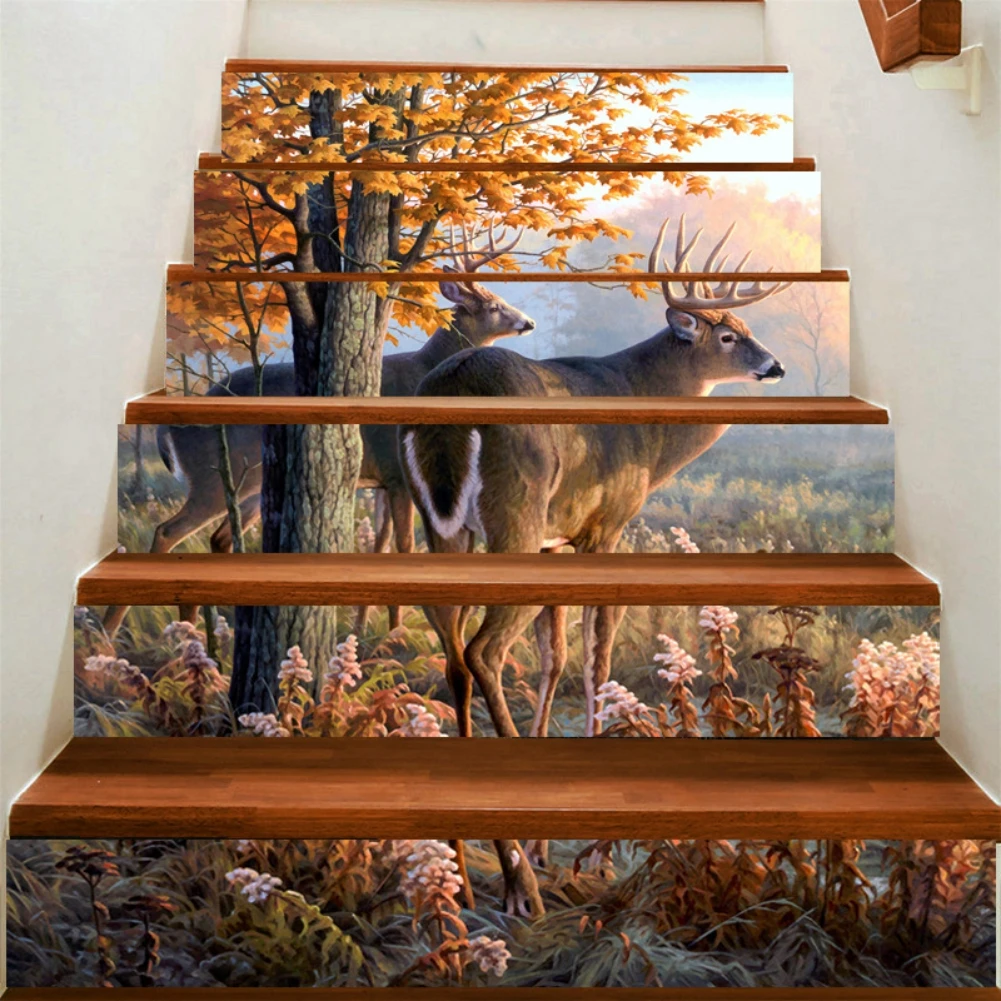 

Stair Stickers 6pcs PVC Self-Adhesive Home Decor Flowers Bird Sika Deer Wallpaper Peel And Stick Stair Stickers