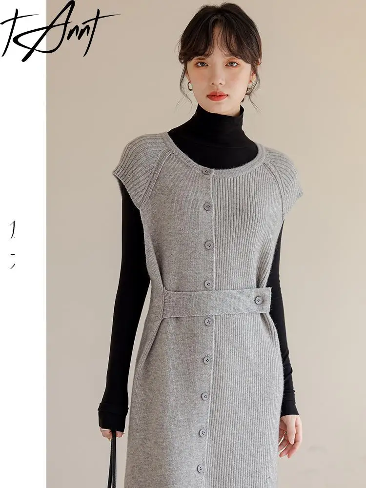 

Tannt Women Dress Asymmetry Sleeveless Gray Knitting Sweaters Dresses Irregular Fashion Casual Autumn And Winter Dresses 2023