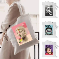 women shopping bag organizer foldable canvas tote bag large capacity funny pattern shoulder handbag commute shopper bag
