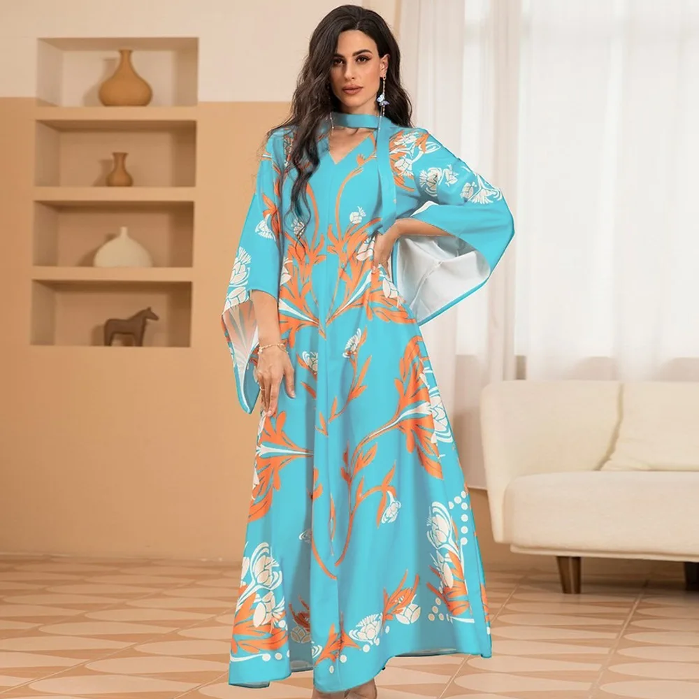 

Цветочный принт Abaya Дубай, Турция Tan женские мусульманские Длинные платье Ближний Восток Caftan Arabic Jalabiya Eid Рамадан Djellaba Vestidos