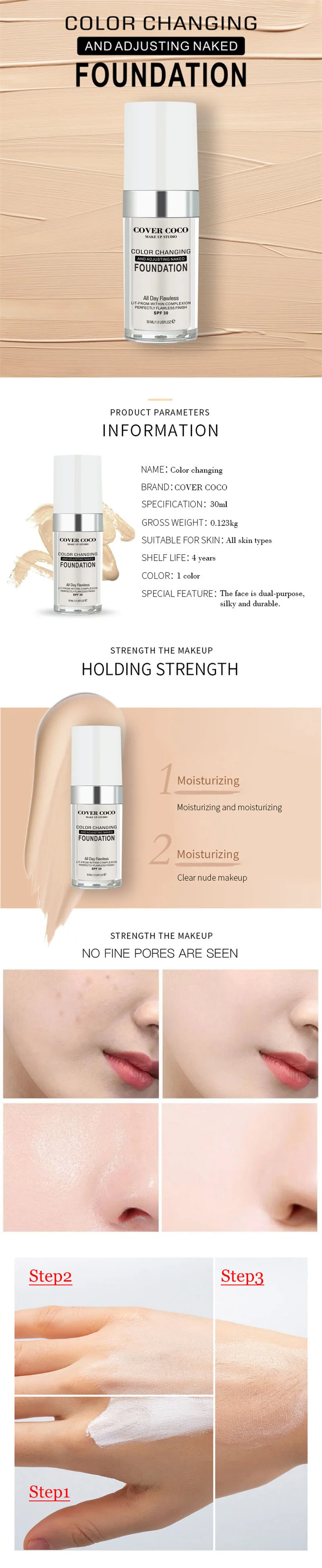 30ml Magic Makeup Color Changing Liquid Foundation Long Lasting Matte High Coverage Concealer Cream Base Skin Care Cosmetic |