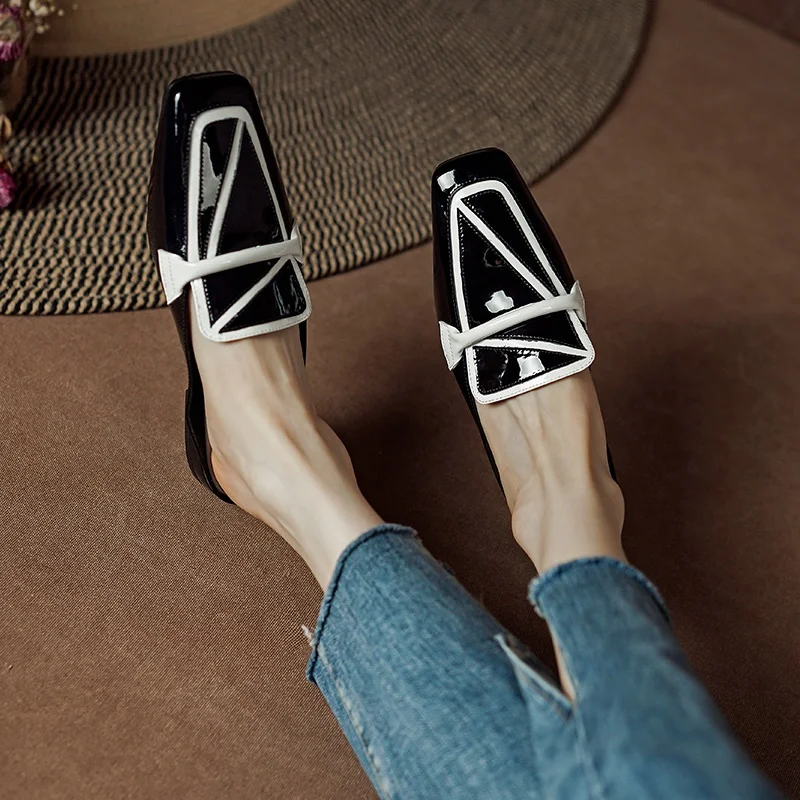 ZVQ Good Quality Slippers Woman Square Toe Thick Low Heel Summer New Style Full Genuine Leather Strap Decoration Casual Shoes